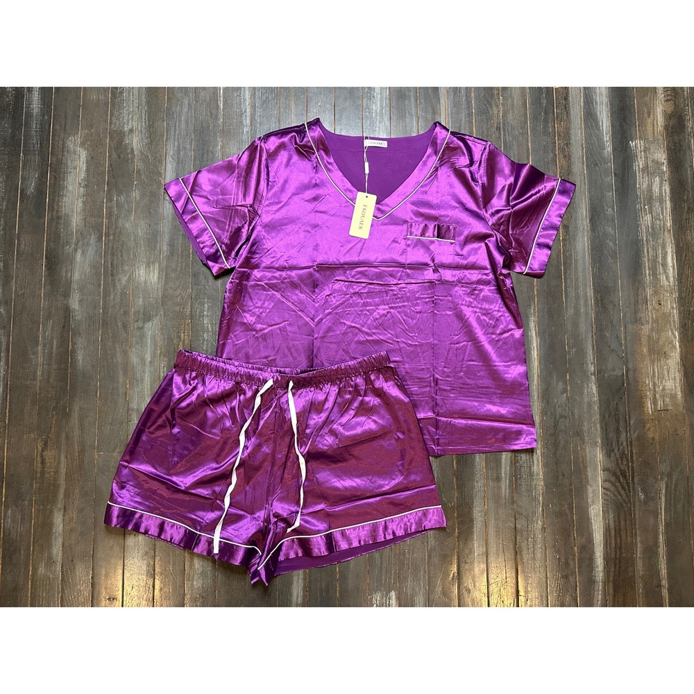 Ekouaer Purple Satin Pajama Set Short Sleeve V-Neck Sleepwear 2 Piece
